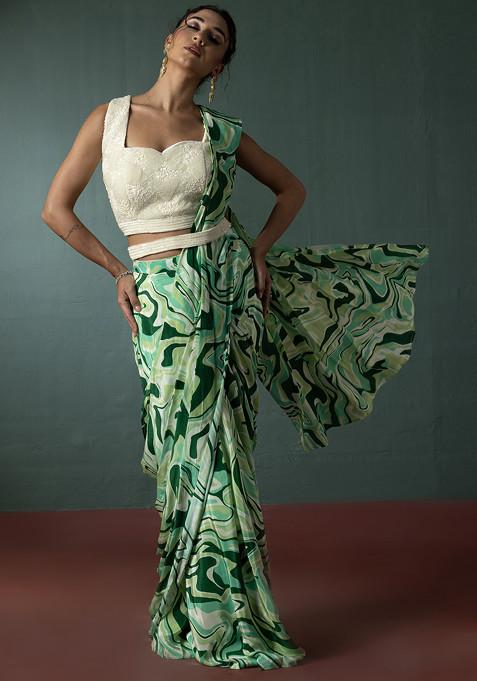 Green Pre Stitched Saree Set With Bead Sequin Embellished Blouse And Belt