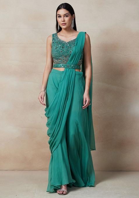 Green Sharara Set With Sequin Embellished Blouse And Belt