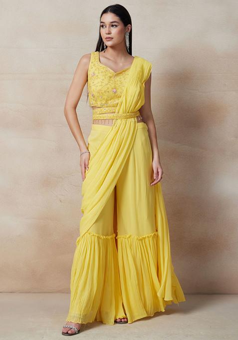 Yellow Pre-Stitched Saree Set With Sequin Embellished Blouse And Belt