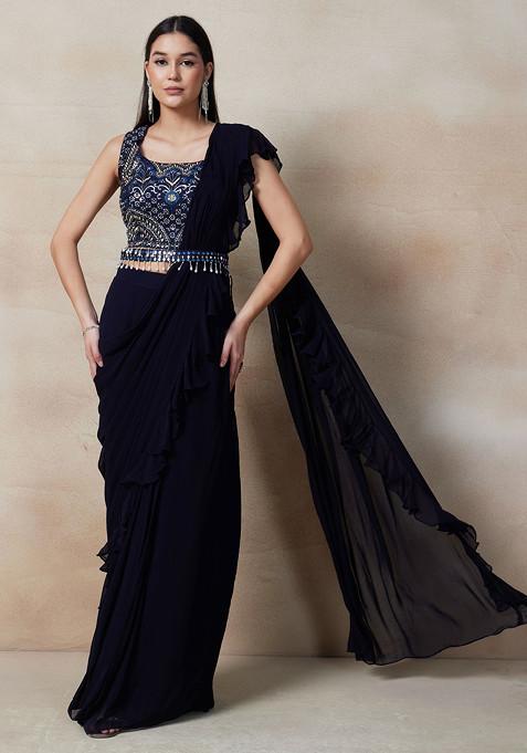 Navy Blue Pre-Stitched Saree Set With Sequin Embellished Blouse And Belt