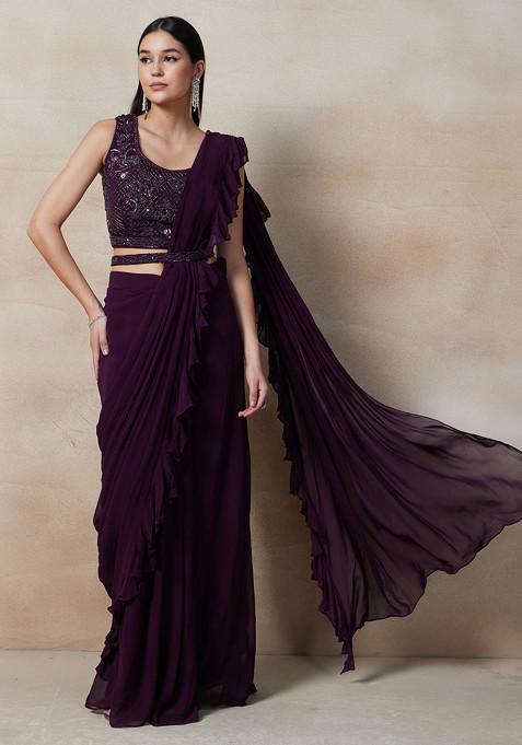 Wine Pre-Stitched Saree Set With Cutdana Sequin Embellished Blouse And Belt