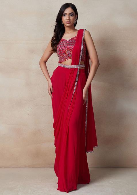 Pink Pre-Stitched Saree Set With Cutdana Embellished Blouse And Belt