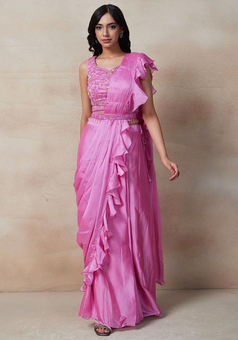 Pink Pre-Stitched Saree Set With Sequin Embellished Blouse And Belt