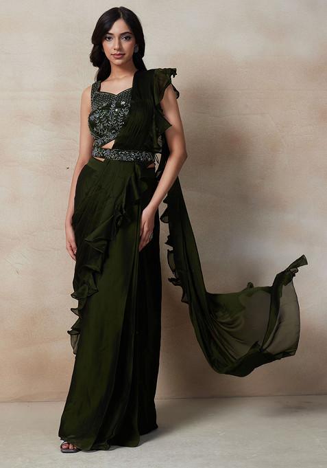 Olive Green Pre-Stitched Saree Set With Sequin Embellished Blouse And Belt