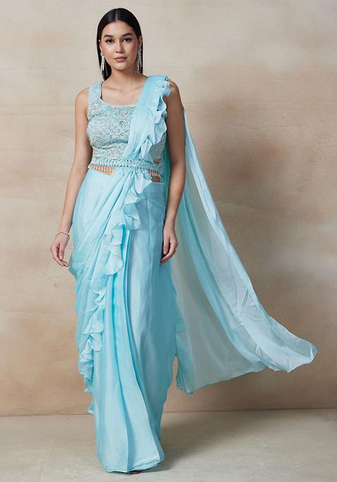 Aqua Blue Pre-Stitched Saree Set With Mirror Sequin Embellished Blouse And Belt