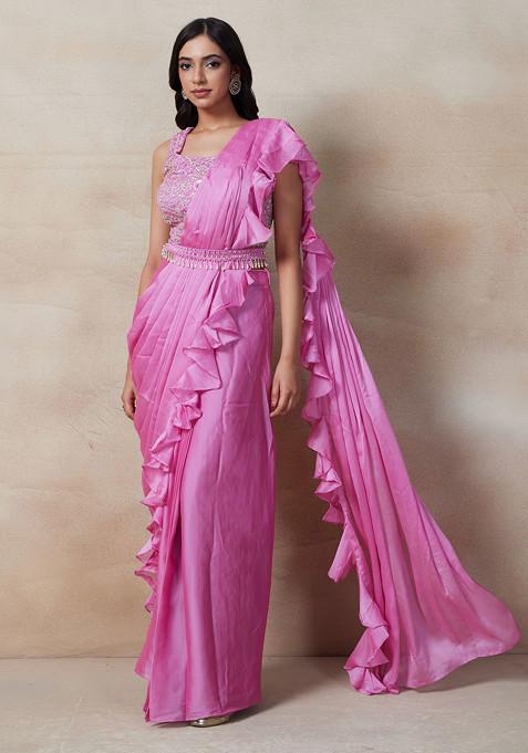 Pink Pre-Stitched Saree Set With Embellished Blouse And Belt