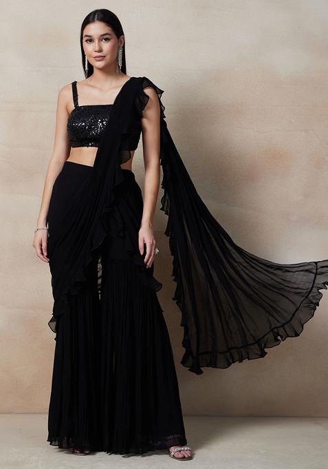 Black Sharara With Sequin Embellished Blouse And Attached Drape