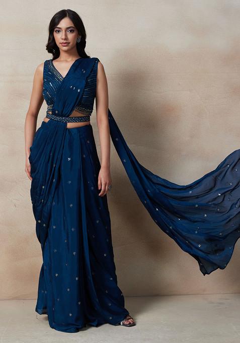 Teal Blue Embellished Pre-Stitched Saree Set With Sequin Embellished Blouse And Belt