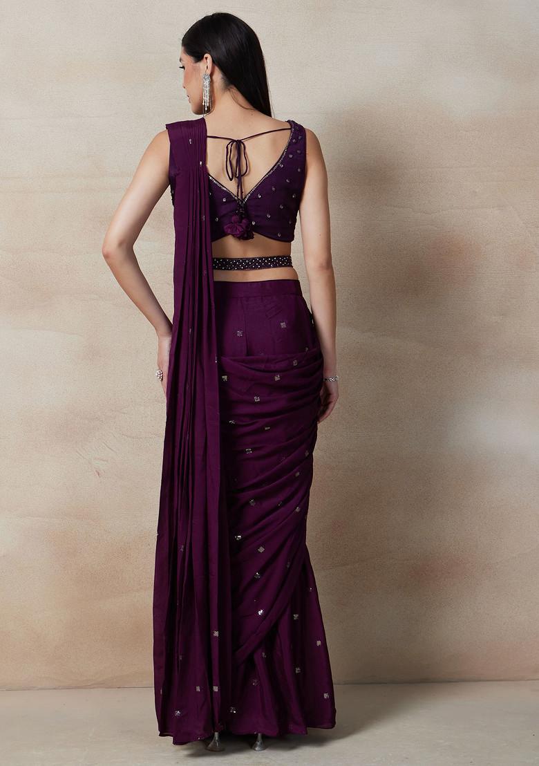 Purple Embellished Pre-Stitched Saree Set With Sequin Embellished Blouse And Belt - Indya