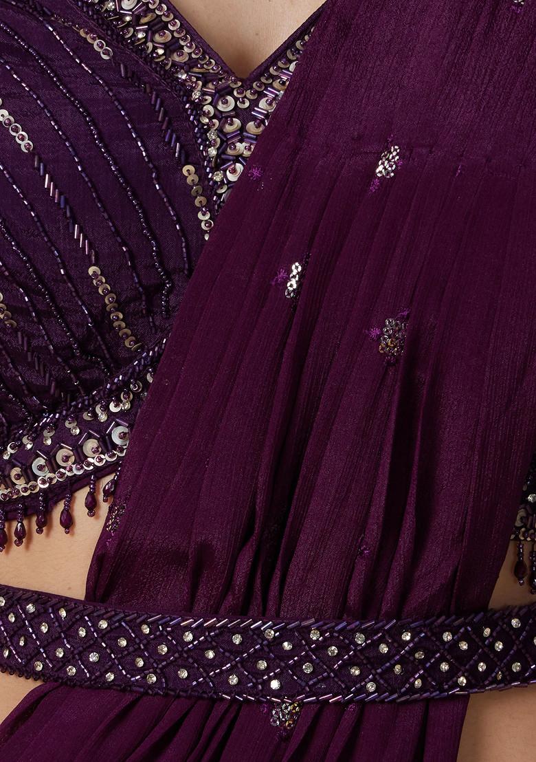 Purple Embellished Pre-Stitched Saree Set With Sequin Embellished Blouse And Belt