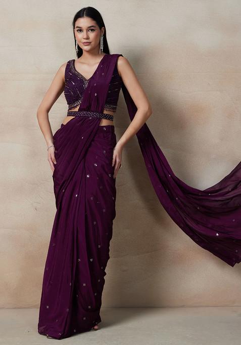 Purple Embellished Pre-Stitched Saree Set With Sequin Embellished Blouse And Belt