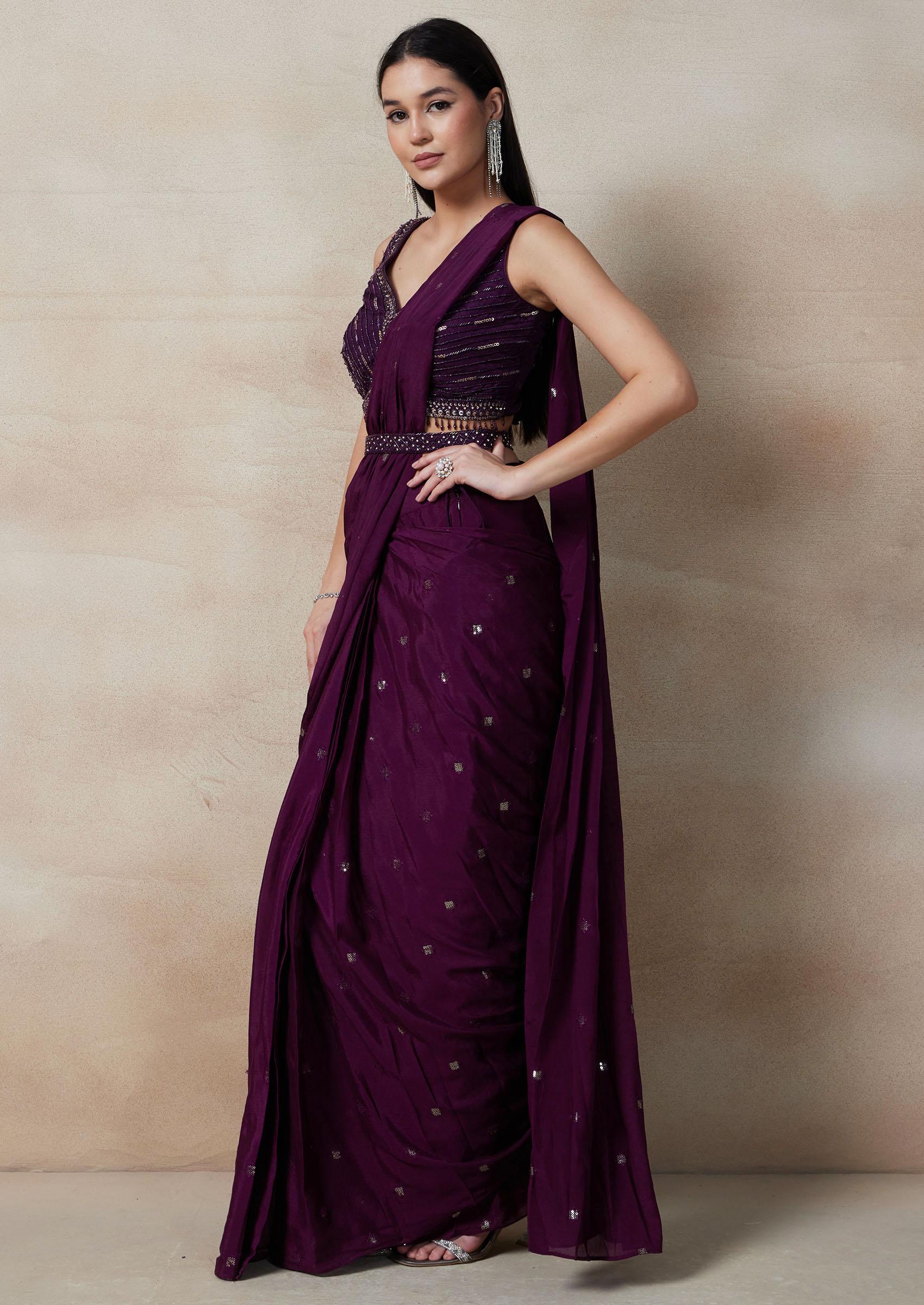 Purple Embellished Pre-Stitched Saree Set With Sequin Embellished Blouse And Belt - Indya