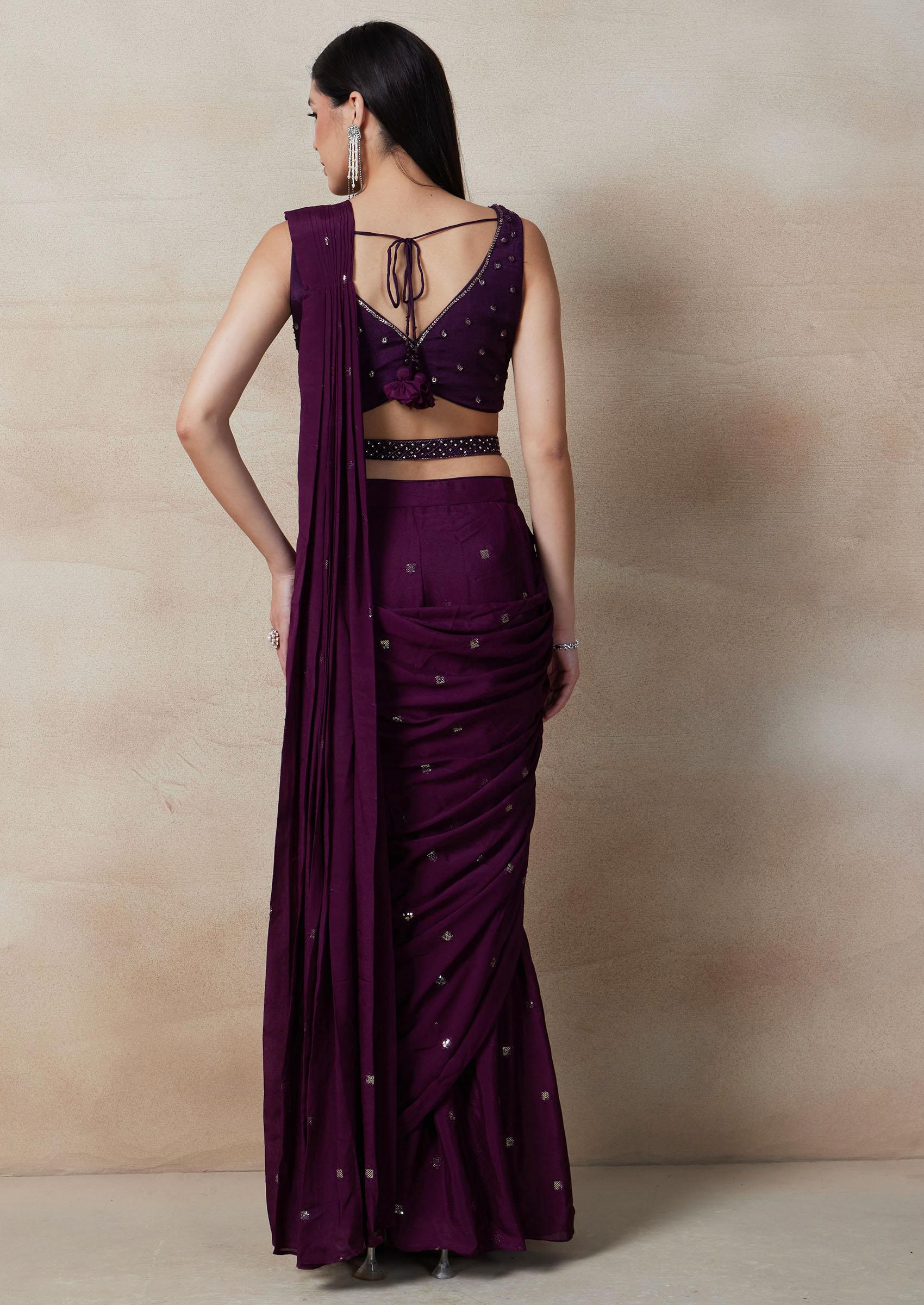 Purple Embellished Pre-Stitched Saree Set With Sequin Embellished Blouse And Belt - Indya