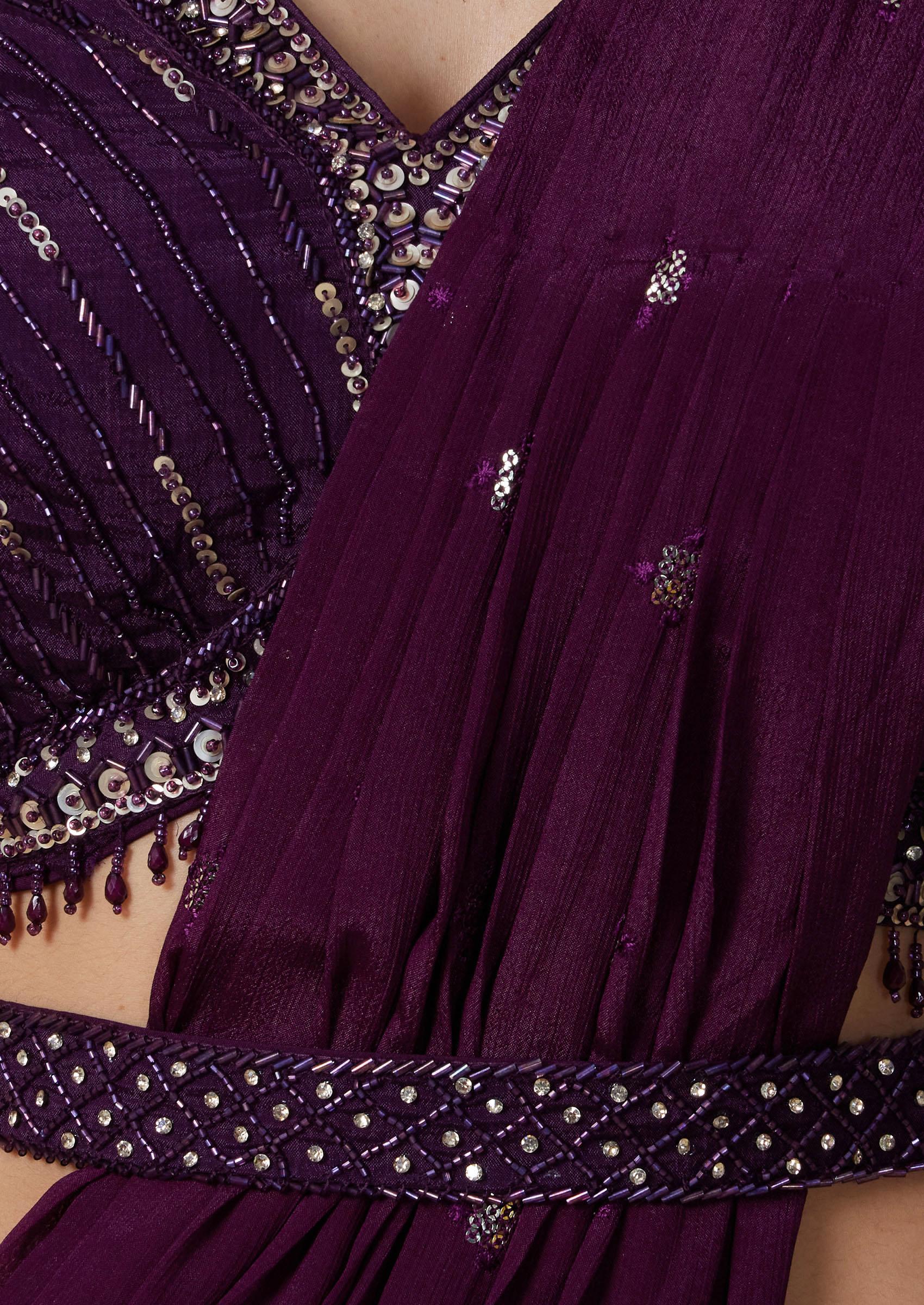 Purple Embellished Pre-Stitched Saree Set With Sequin Embellished Blouse And Belt - Indya