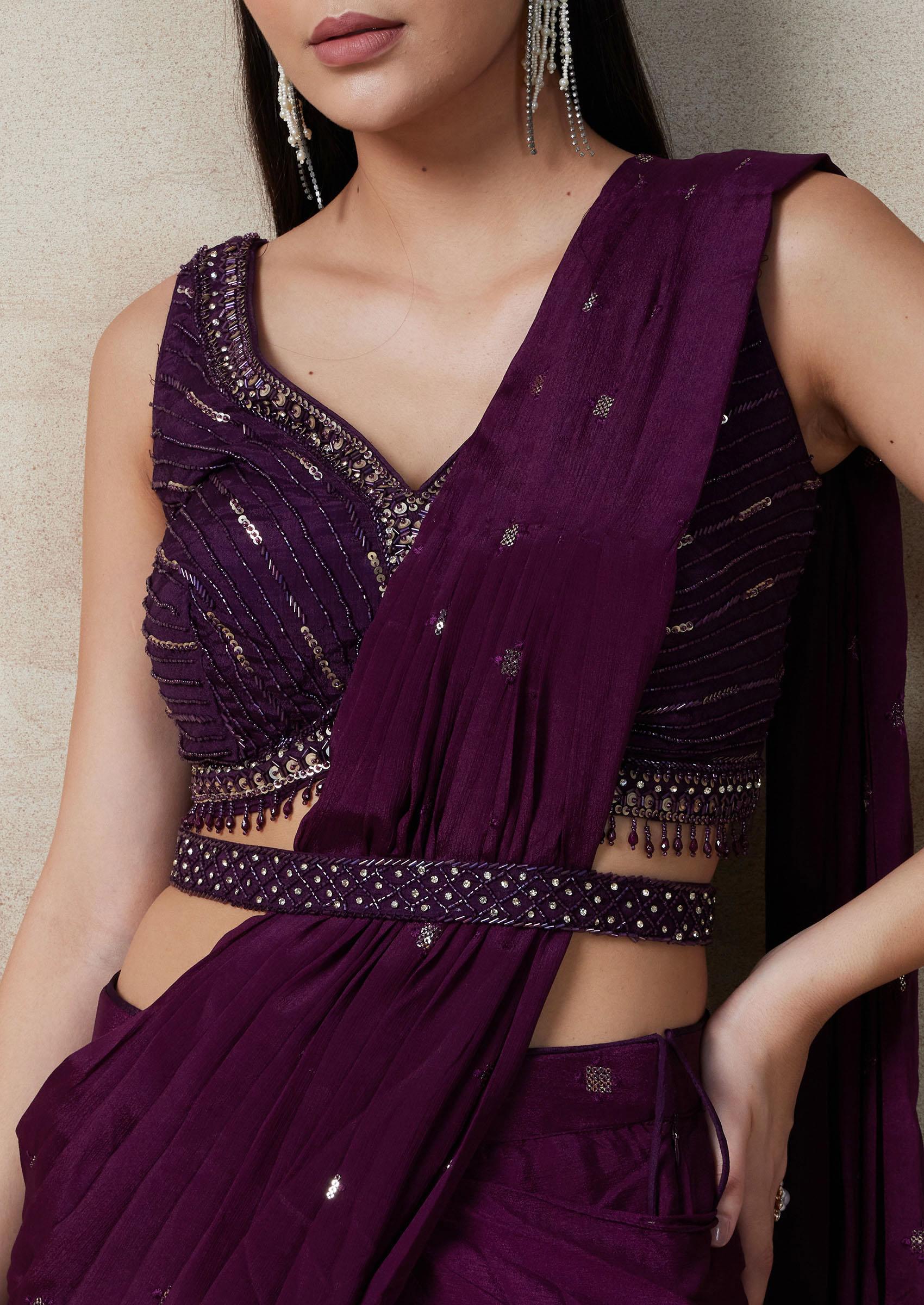 Purple Embellished Pre-Stitched Saree Set With Sequin Embellished Blouse And Belt - Indya