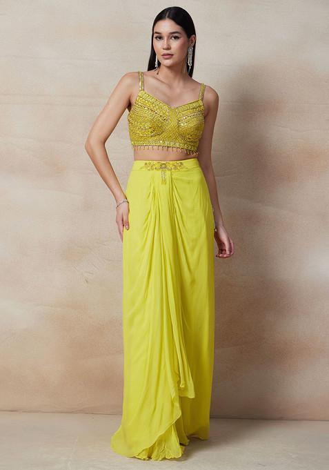 Yellow Draped Skirt Set With Mirror Sequin Embellished Blouse