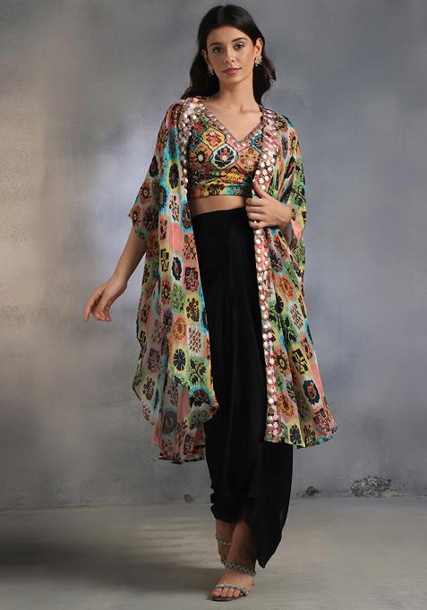 Multicolour Skirt Set With Floral Print Blouse And Printed Jacket