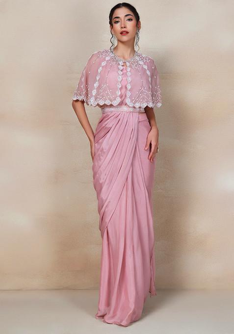 Pink Pre-Stitched Saree And Blouse Set With Sequin Embellished Cape And Belt