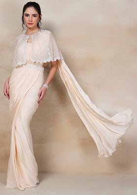 White Pre-Stitched Saree And Blouse Set With Sequin Embellished Cape And Belt