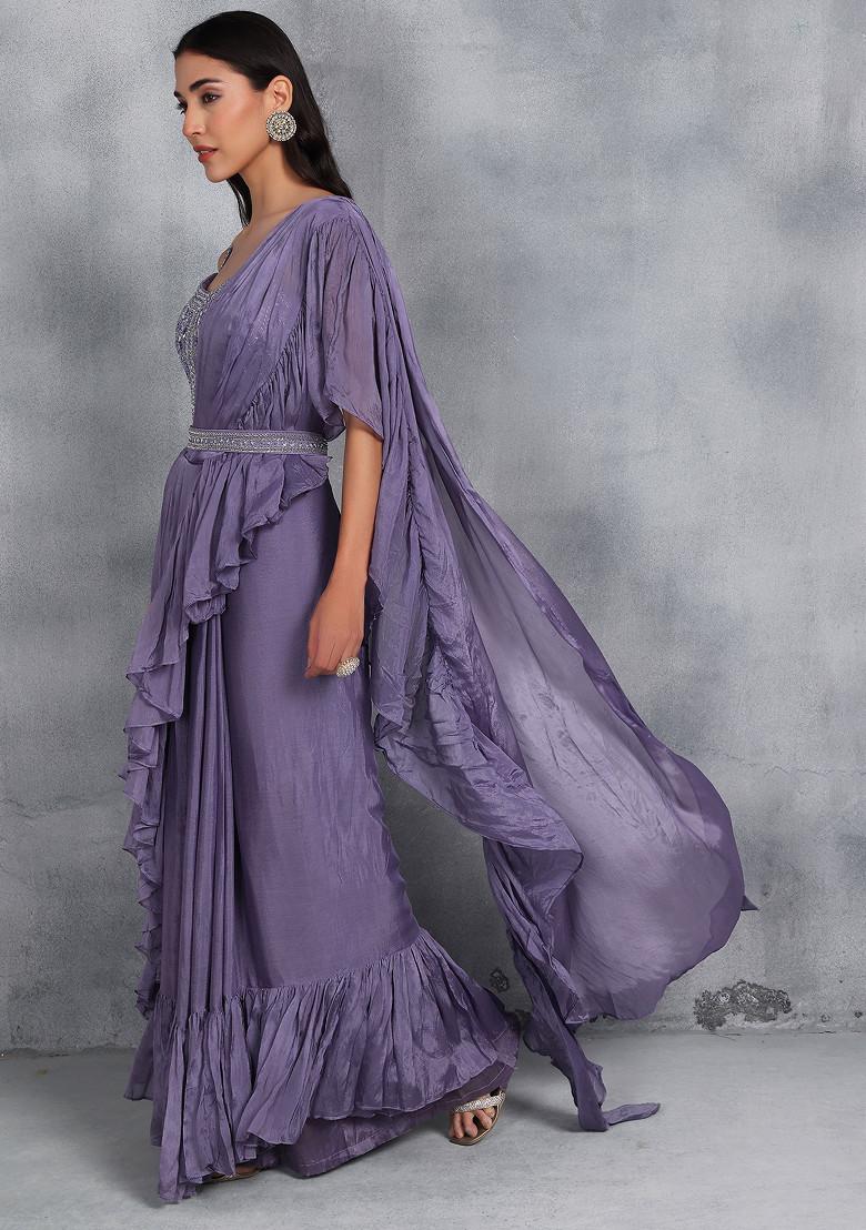 Purple Pre-Stitched Saree Set With Sequin Cutdana Embellished Blouse And Belt