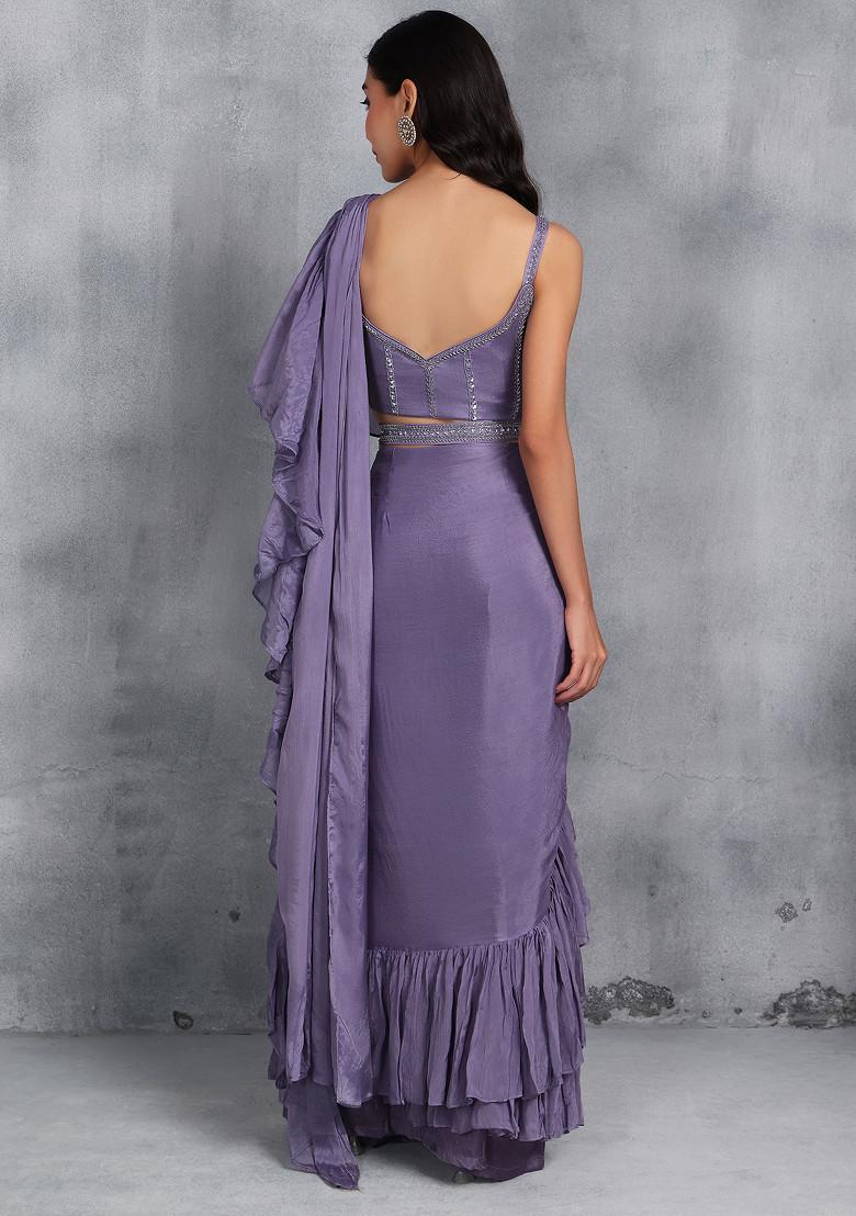 Purple Pre-Stitched Saree Set With Sequin Cutdana Embellished Blouse And Belt