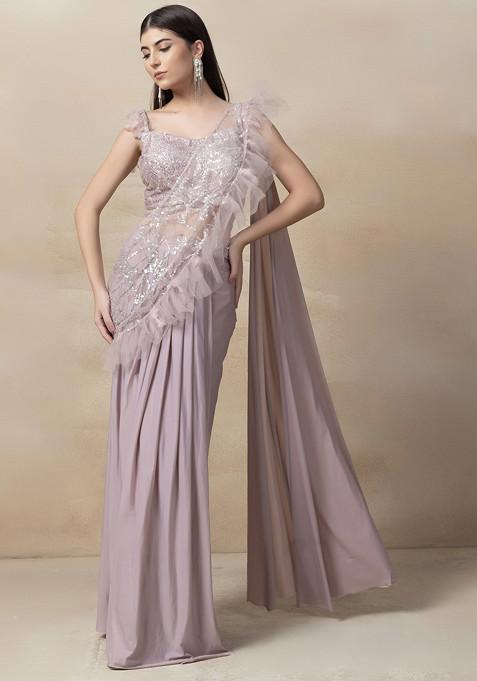 Dull Pink Sequin Pre-Stitched Saree With Embellished Blouse And Attached Drape