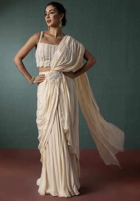 Cream Pre-Stitched Saree With Bead Embellished Blouse