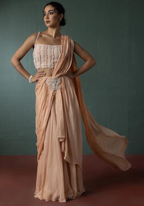 Peach Pre-Stitched Saree With Bead Embellished Blouse