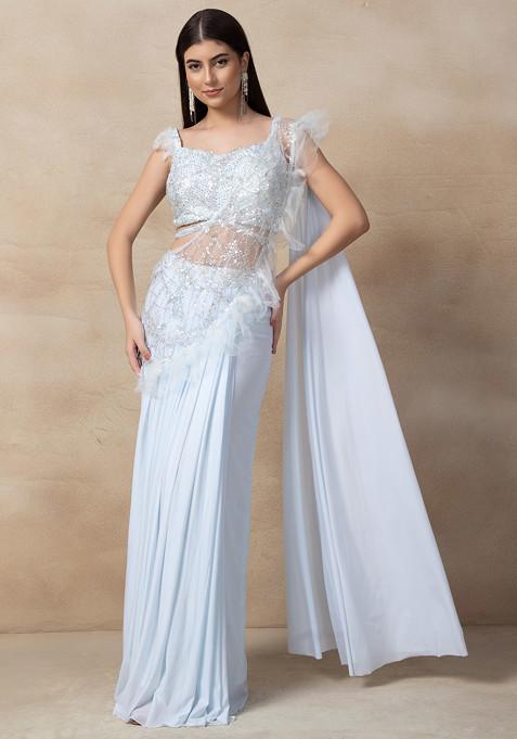 Sky Blue Pre-Stitched Saree Set With Sequin Embellished Blouse