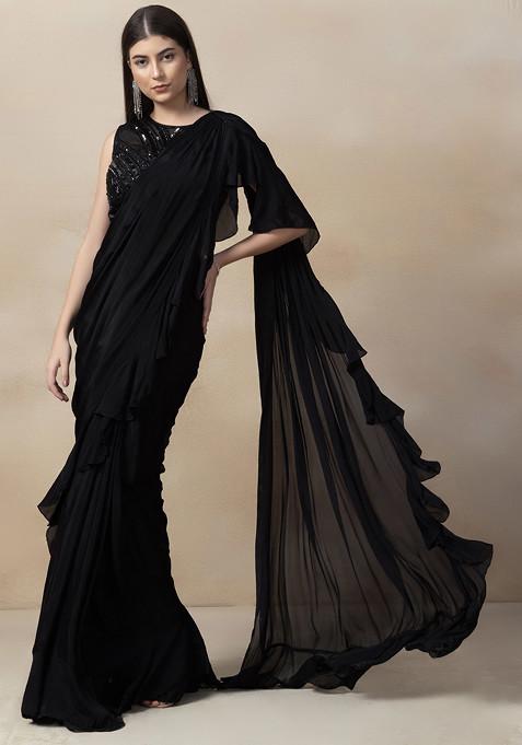 Black Pre-Stitched Saree Set With Sequin Embellished Mesh Blouse