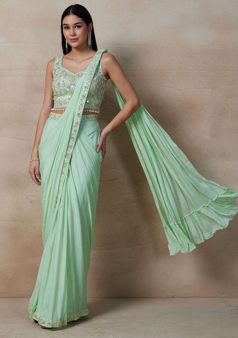 Green Saree Set With Embellished Blouse - Indya