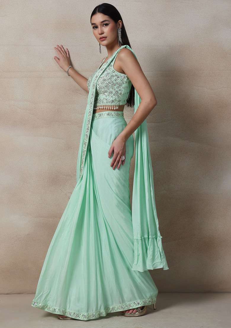 Green Saree Set With Embellished Blouse - Indya