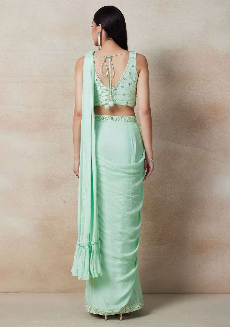 Green Saree Set With Embellished Blouse - Indya