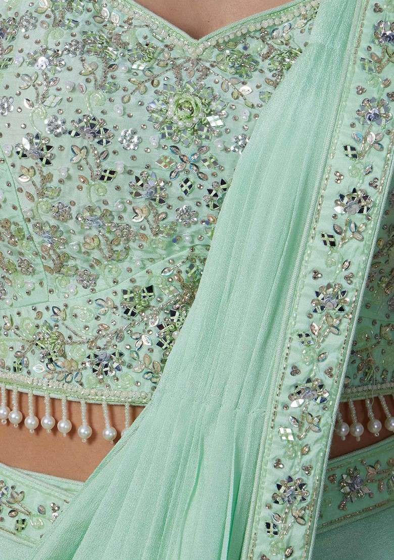 Green Saree Set With Embellished Blouse - Indya
