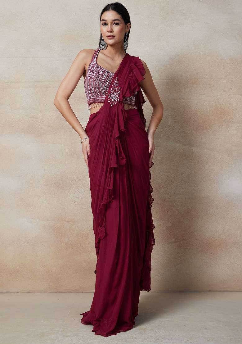 Maroon Pre-Stitched Saree Set With Embellished Blouse And Belt - Indya