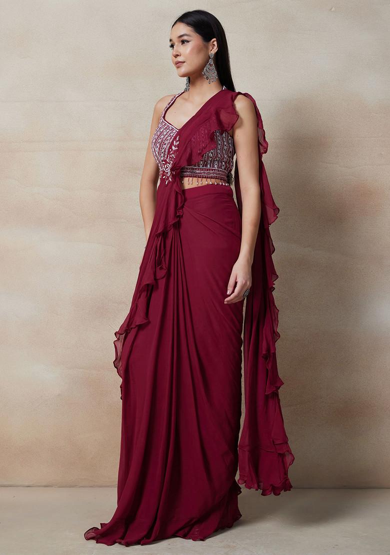 Maroon Pre-Stitched Saree Set With Embellished Blouse And Belt