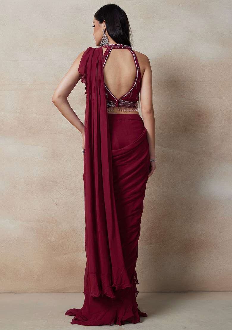 Maroon Pre-Stitched Saree Set With Embellished Blouse And Belt - Indya