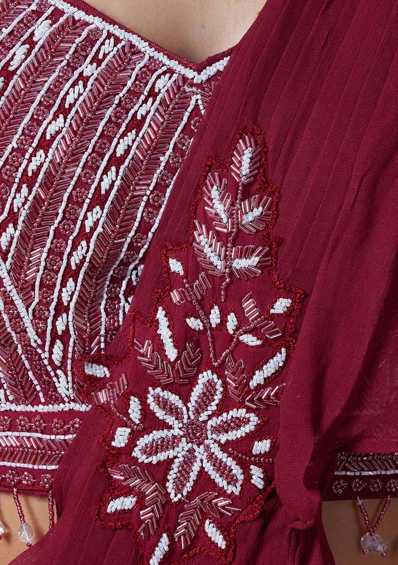 Maroon Pre-Stitched Saree Set With Embellished Blouse And Belt