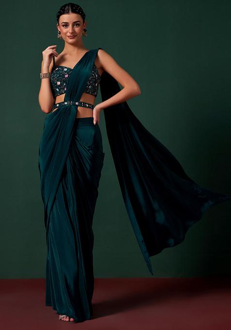 Green Saree Set With Embellished Blouse And Belt