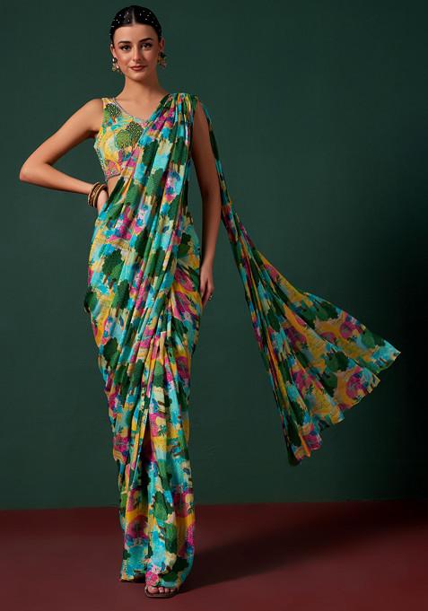 Multicolour Printed Saree With Embellished Blouse