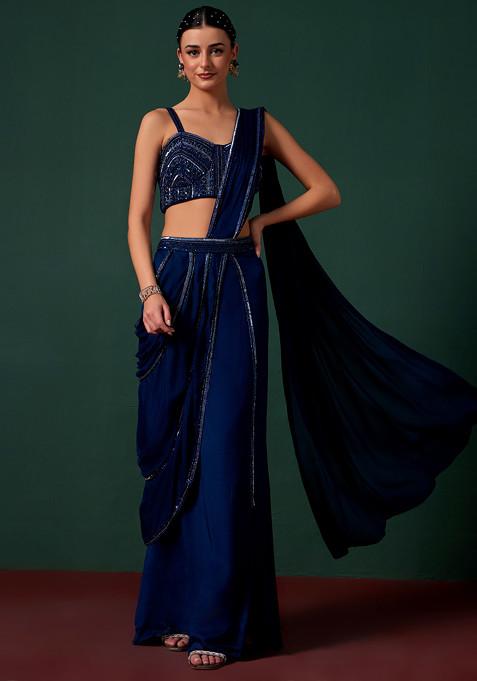 Blue Saree With Embellished Blouse