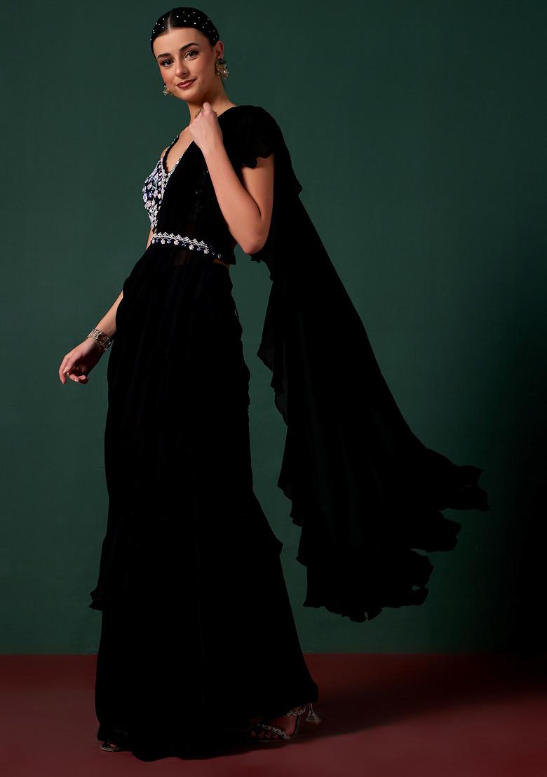 Black Saree Set With Embellished Blouse And Belt - Indya