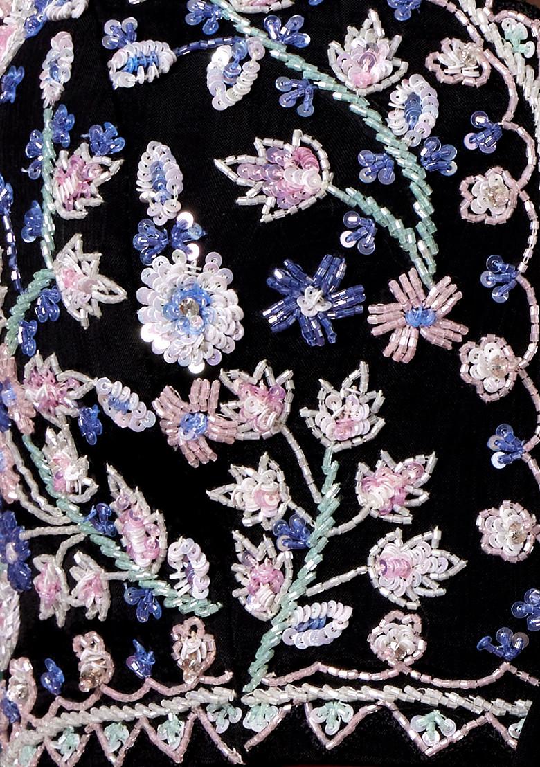 Black Saree Set With Embellished Blouse And Belt - Indya