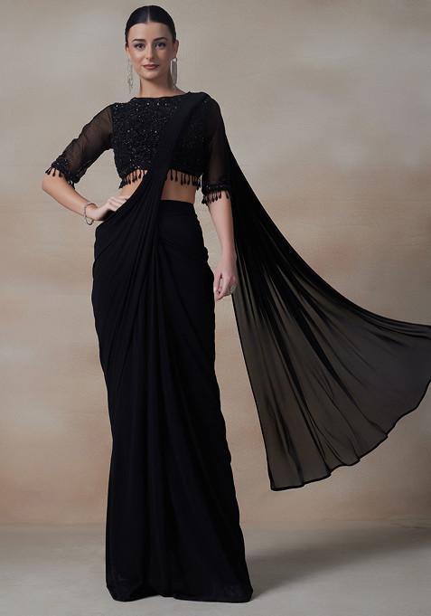 Black Pre-Stitched Saree Set With Embellished Blouse