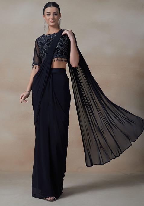 Grey Pre-Stitched Saree Set With Embellished Blouse