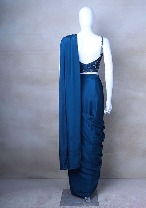 Teal Draped Saree with Multicolour Embroidered Jacket Blouse and Mirror Detailing