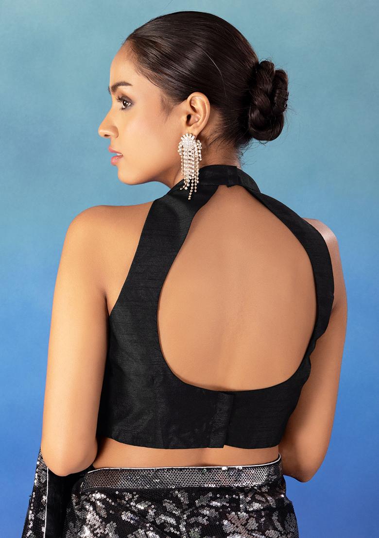 Black Close Neck Sleeveless Blouse in Cotton Silk with Back Closure