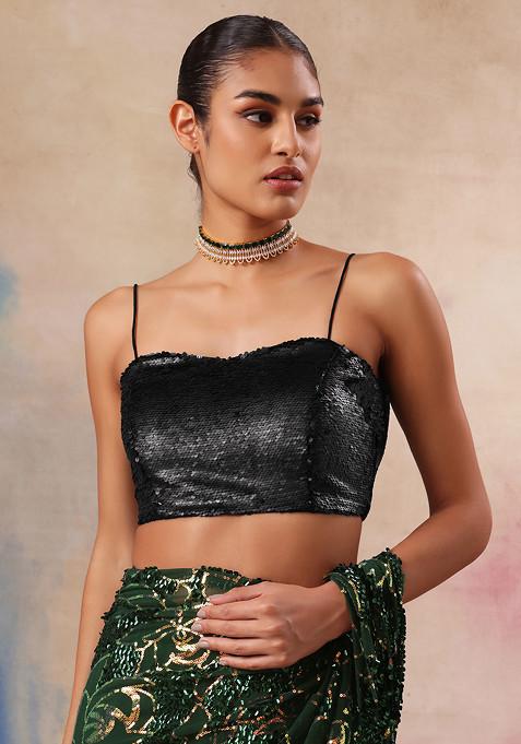 Black Matte Sequin Embroidered Strappy Blouse