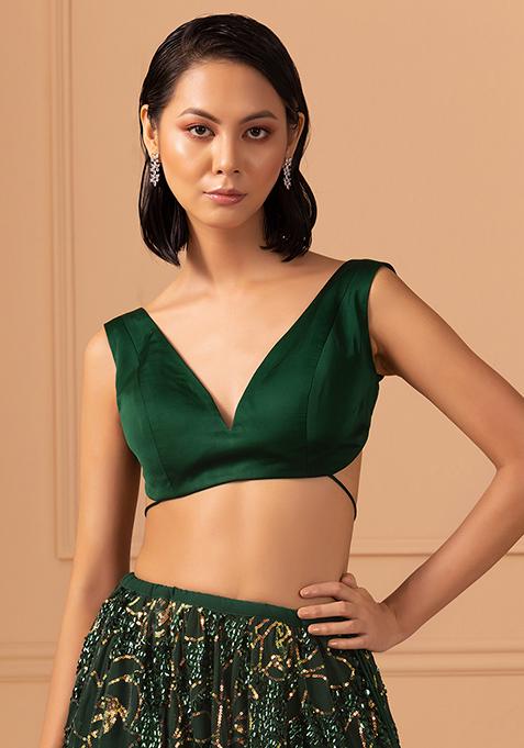 Deep Green Back Tie Up Satin Blouse