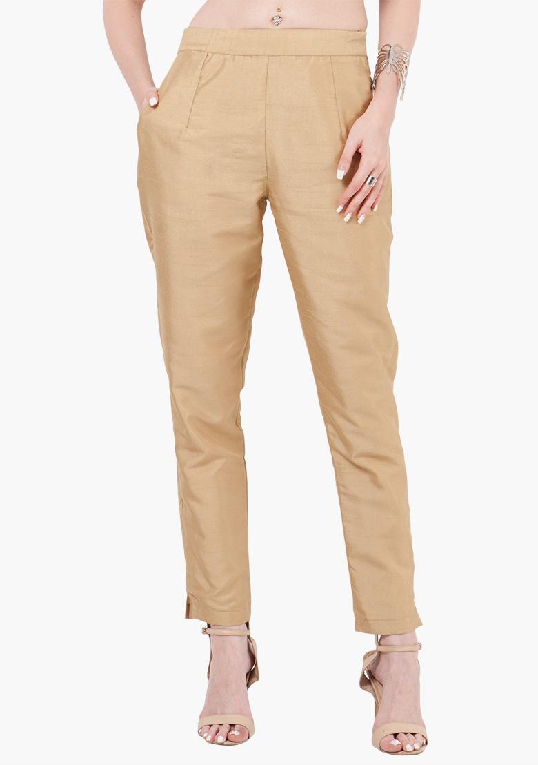 Buy Women Silk Cigarette Pants - Gold - Fitted Pants - Indya